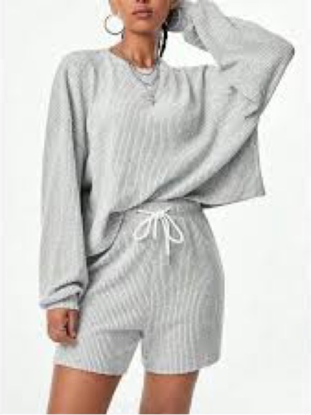 storets Light Gray Ribbed Lounge Set - Long Sleeve Top & Drawstring Shorts